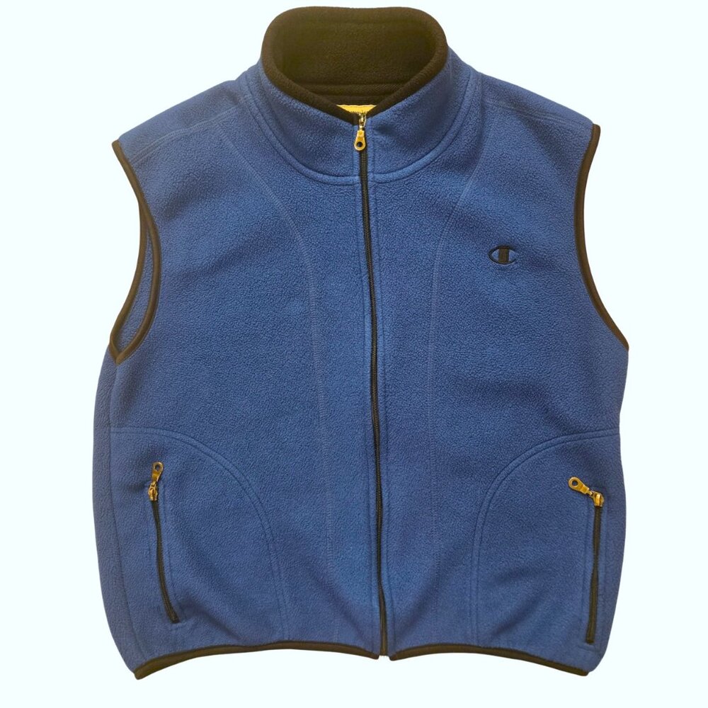 Columbia Men Vest MED Blue Fleece Black Trim Zip Pockets Excellent Condition